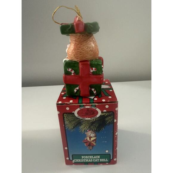 VTG River Grove Porcelain Christmas Cat Bell Ornament Tree - Picture 4 of 7